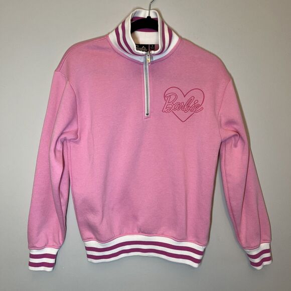 Barbie Sweatshirt Womens Size S Pink White Logo Barbie Movie Quarter Zip - Picture 1 of 9